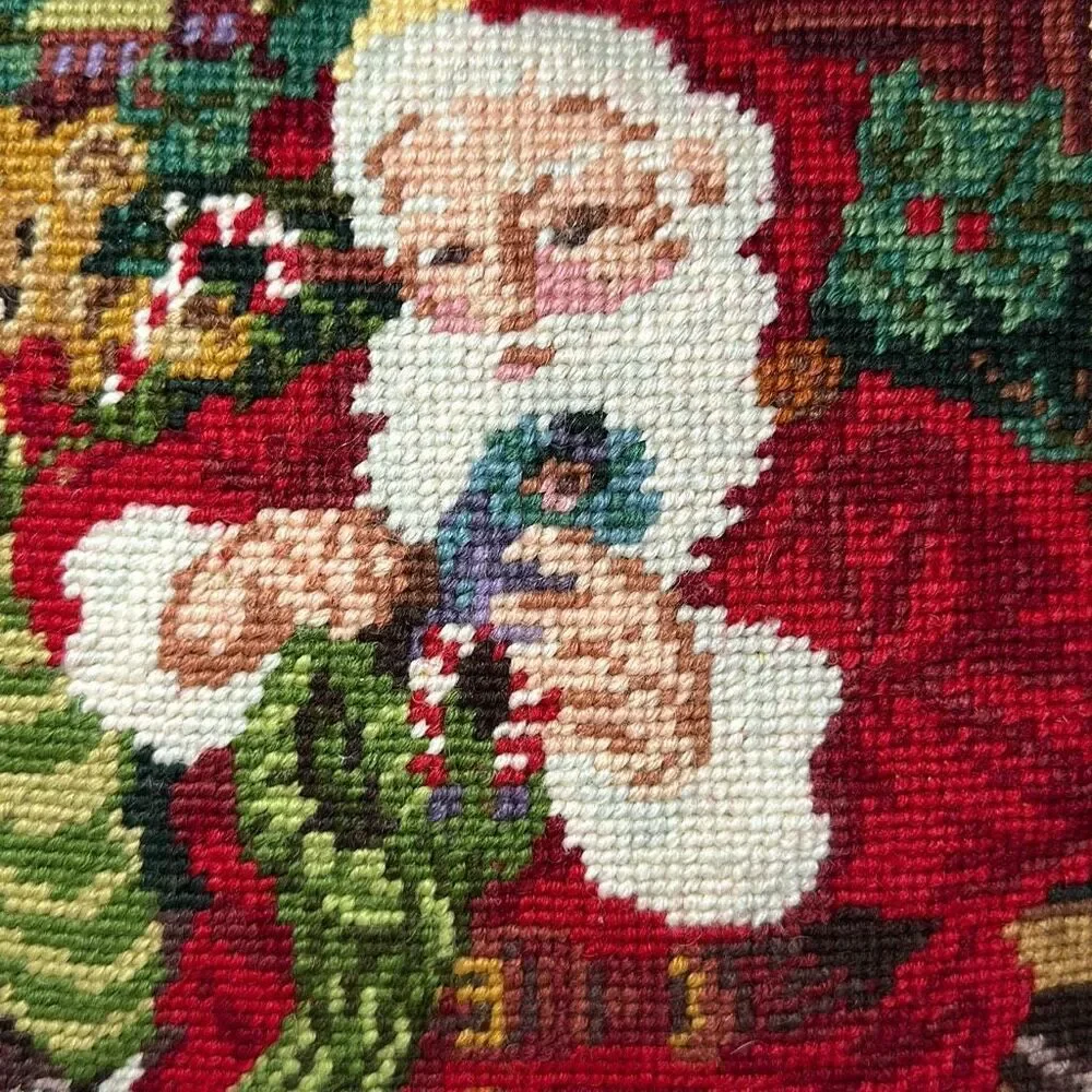 Vintage‎ Christmas Santa Cross Stitch Velvet Throw Pillow 13”x12”